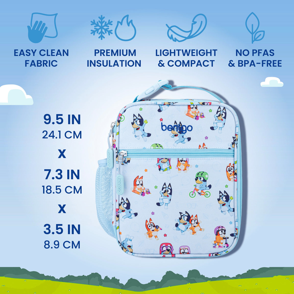 Bentgo + Bluey Kids Prints 5-Piece Lunch Box Set - Play Day | Leak-Proof Design, Dishwasher Safe Tray (Top Rack Only), Rubberized Bumper, No PFAs & BPA-Free | Product Dimensions