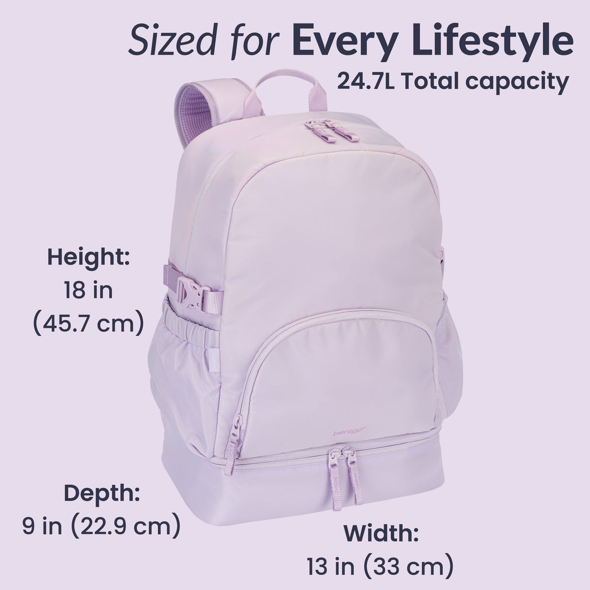 Bentgo® 2-in-1 Backpack & Lunch Bag - Lavender | Sized For Every Lifestyle - Product Dimensions
