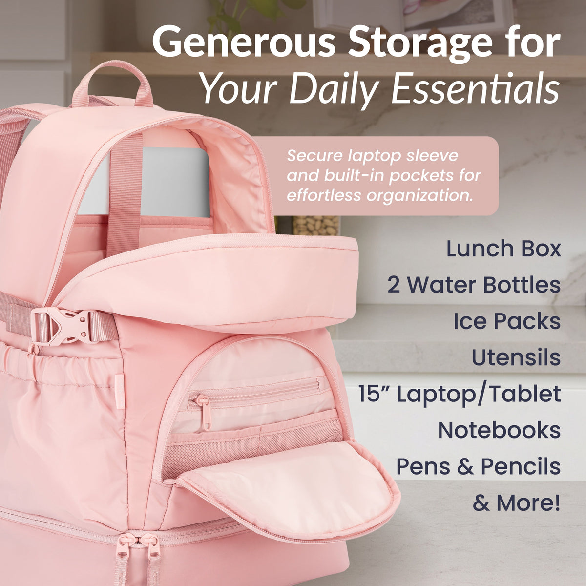 Bentgo® 2-in-1 Backpack & Lunch Bag - Soft Blush | Generous Storage For Your Daily Essentials - Secure Laptop Sleeve And Built-In Pockets For Effortless Organization - Lunch Box, 2 Water Bottles, Ice Packs, Utensils, 15” Laptop/Tablet, Notebooks, Pens & Pencils, & More!