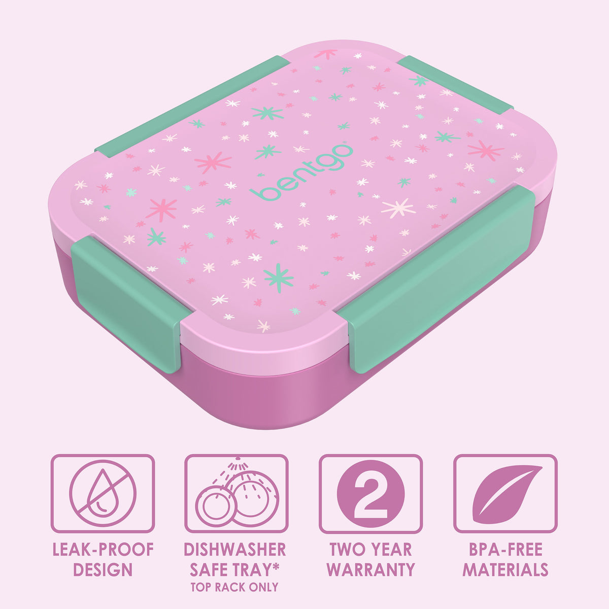 Bentgo® Kids Snap & Go Lunch Box - Starry Sprinkle Pink | Leak-Proof Design, Dishwasher Safe Tray (Top Rack Only), Two Year Warranty, And BPA-Free Materials