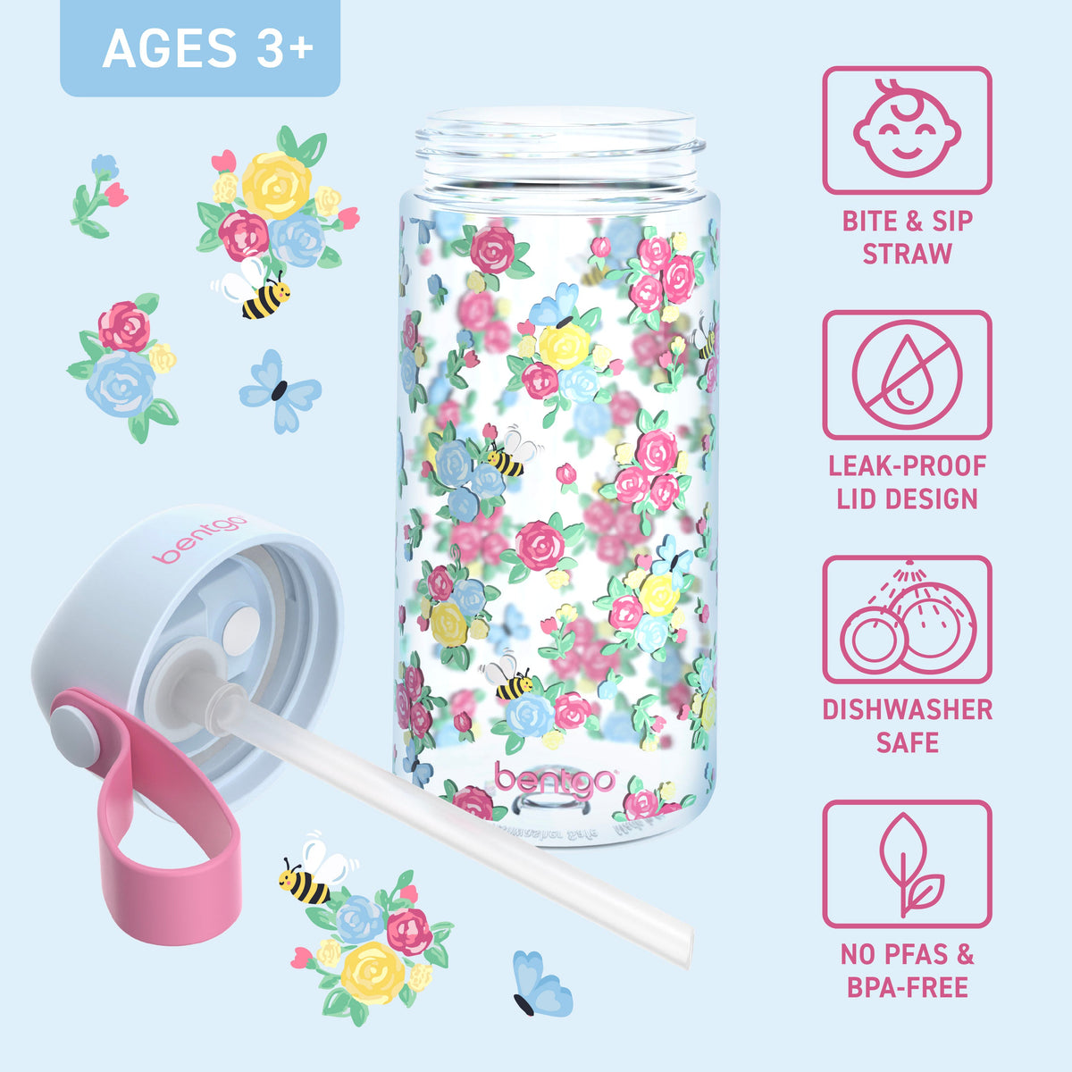Bentgo Kids Water Bottle - Blooming Floral | Bite & Sip Straw, Leak-Proof Lid Design, Dishwasher Safe, No PFAs & BPA-Free