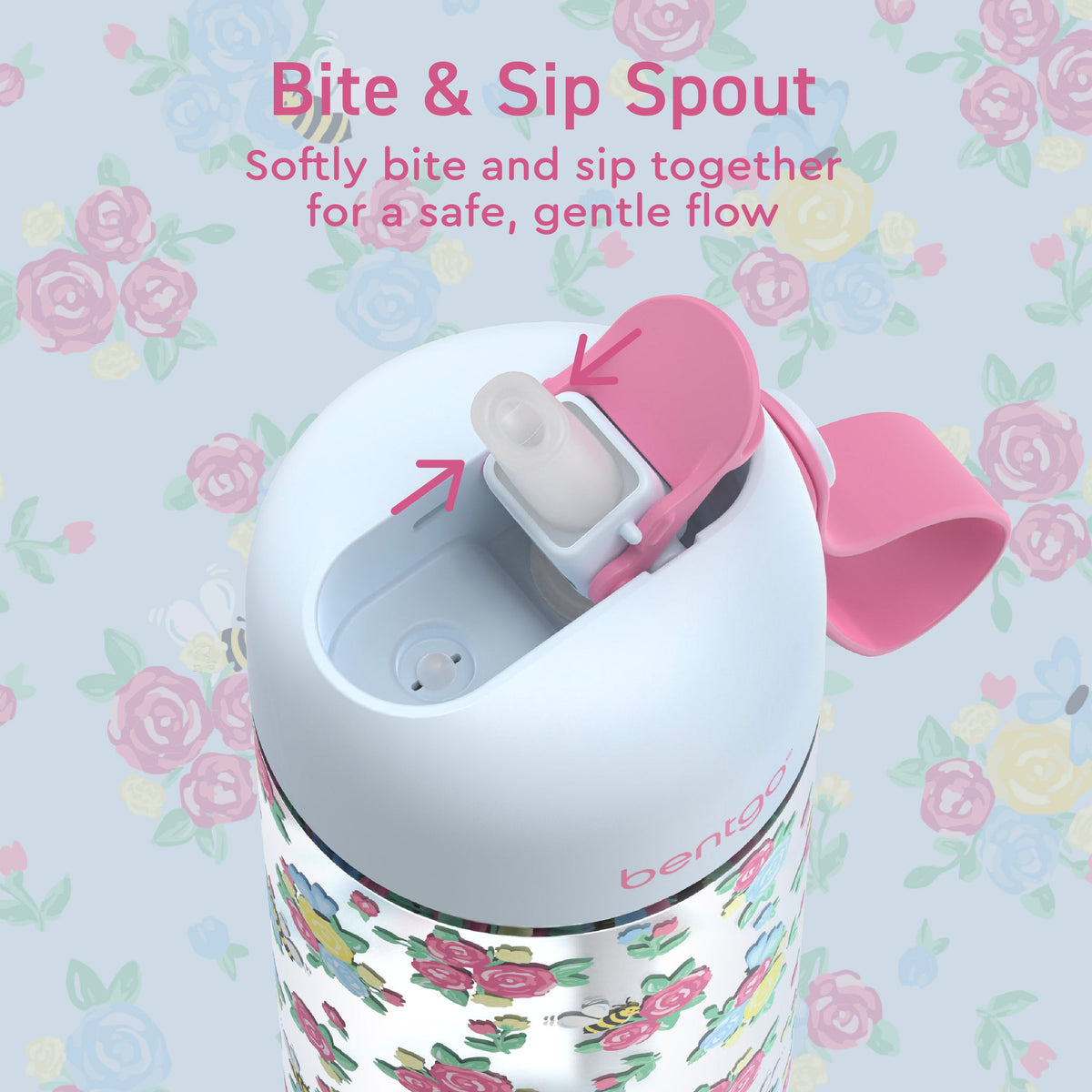 Bentgo Kids Water Bottle - Blooming Floral | Bite & Sip Spout - Softly Bite And Sip Together For A Safe, Gentle Flow