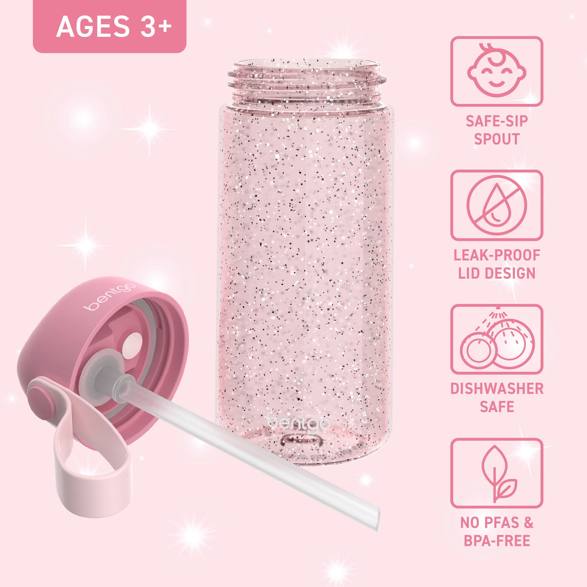 Bentgo Kids Water Bottle - Petal Pink Glitter | Bite & Sip Straw, Leak-Proof Lid Design, Dishwasher Safe, No PFAs & BPA-Free