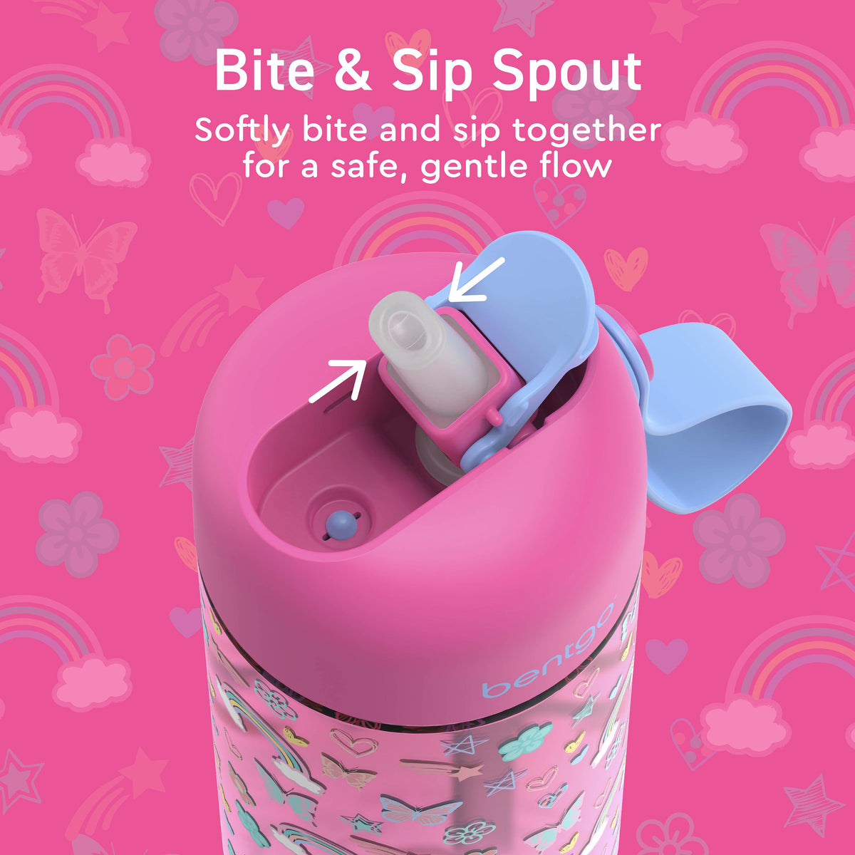 Bentgo® Kids Water Bottle - Rainbows and Butterflies | Bite & Sip Spout - Softly Bite And Sip Together For A Safe, Gentle Flow