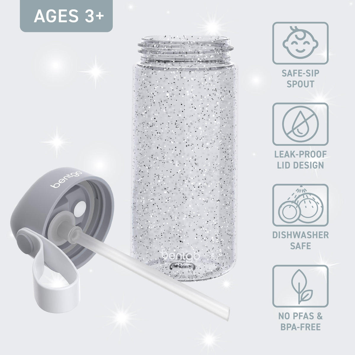 Bentgo Kids Water Bottle - Silver Glitter | Bite & Sip Straw, Leak-Proof Lid Design, Dishwasher Safe, No PFAs & BPA-Free