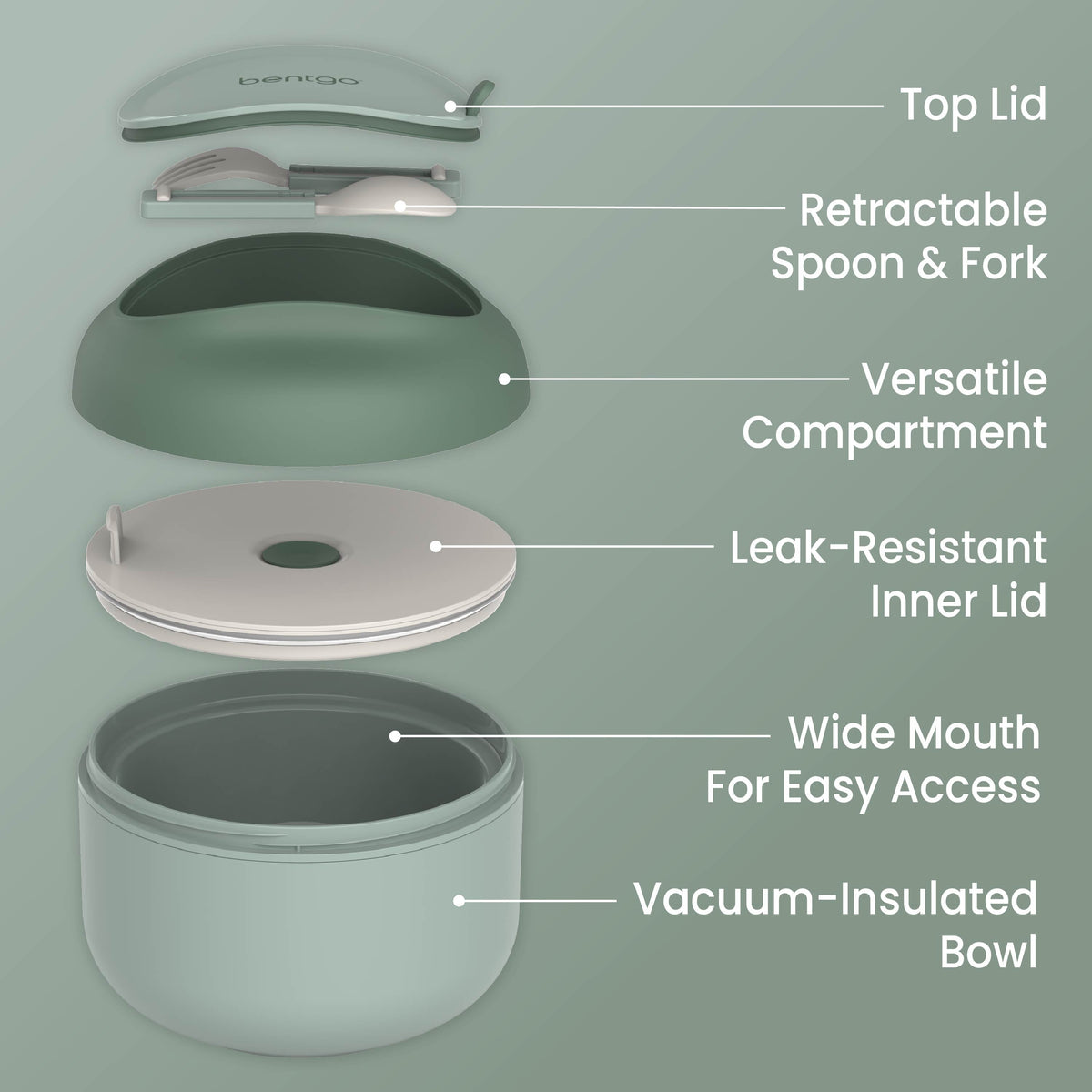 Bentgo® Bowl - Khaki Green | Top Lid, Retractable Spoon & Fork, Versatile Compartment, Wide Mouth For Easy Access, Leak-Resistant Inner Lid, And Vacuum-Insulated Bowl