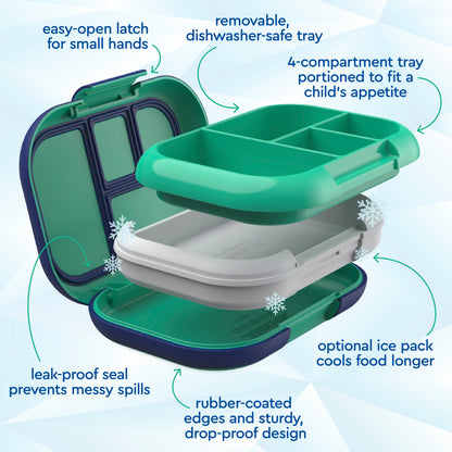 Bentgo® Chill Kids Lunch Box (2-Pack) - Green/Navy | Easy-Open Latch For Small Hands, Removable, Dishwasher-Safe Tray, 4-Compartment Tray Portioned To Fit A Child’s Appetite, Leak-Proof Seal Prevents Messy Spills, Optional Ice Pack Cools Food Longer, Rubber-Coated Edges And Sturdy, Drop-Proof Design