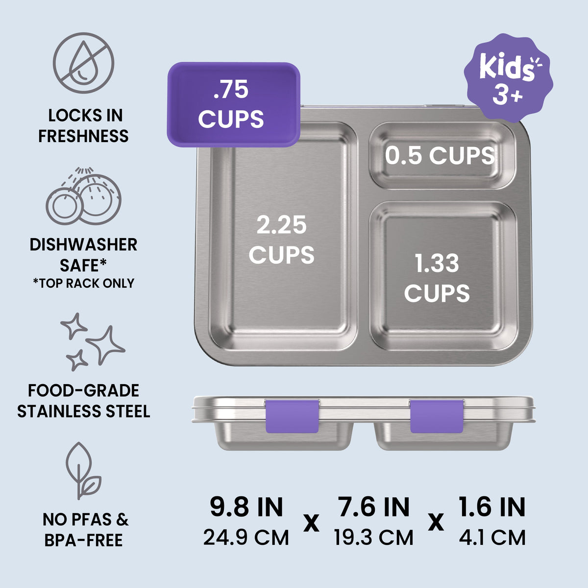 Bentgo Kids Stainless Steel Lunch Box - Purple | Locks In Freshness, Dishwasher Safe (Top Rack Only), Food-Grade Stainless Steel, And No PFAS & BPA-Free
