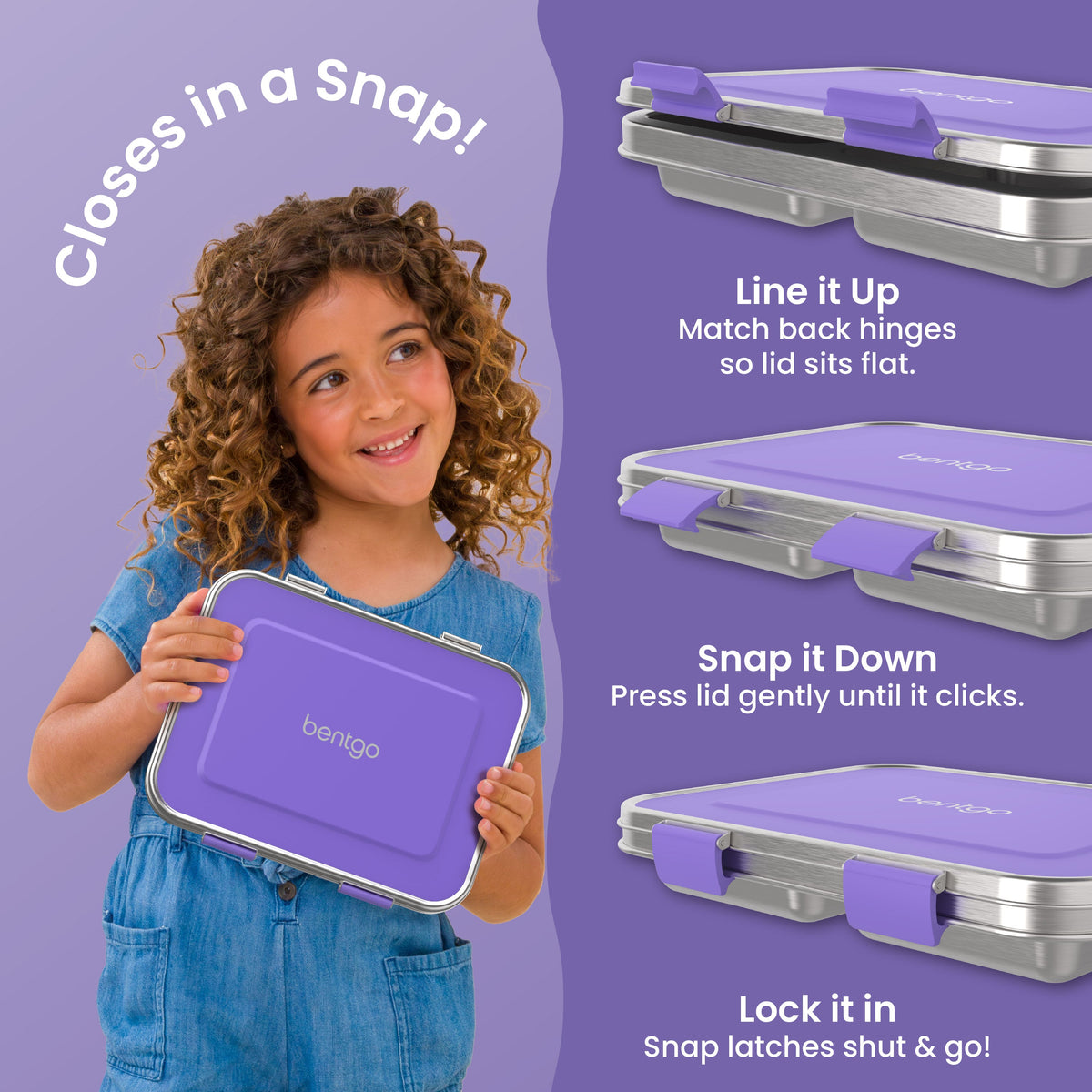 Bentgo Kids Stainless Steel Lunch Box - Purple | Closes In A Snap! | Line It Up - Match Back Hinges So Lid Sits Flat. | Snap It Down - Press Lid Gently Until It Clicks. | Lock It In - Snap Latches Shut & Go!