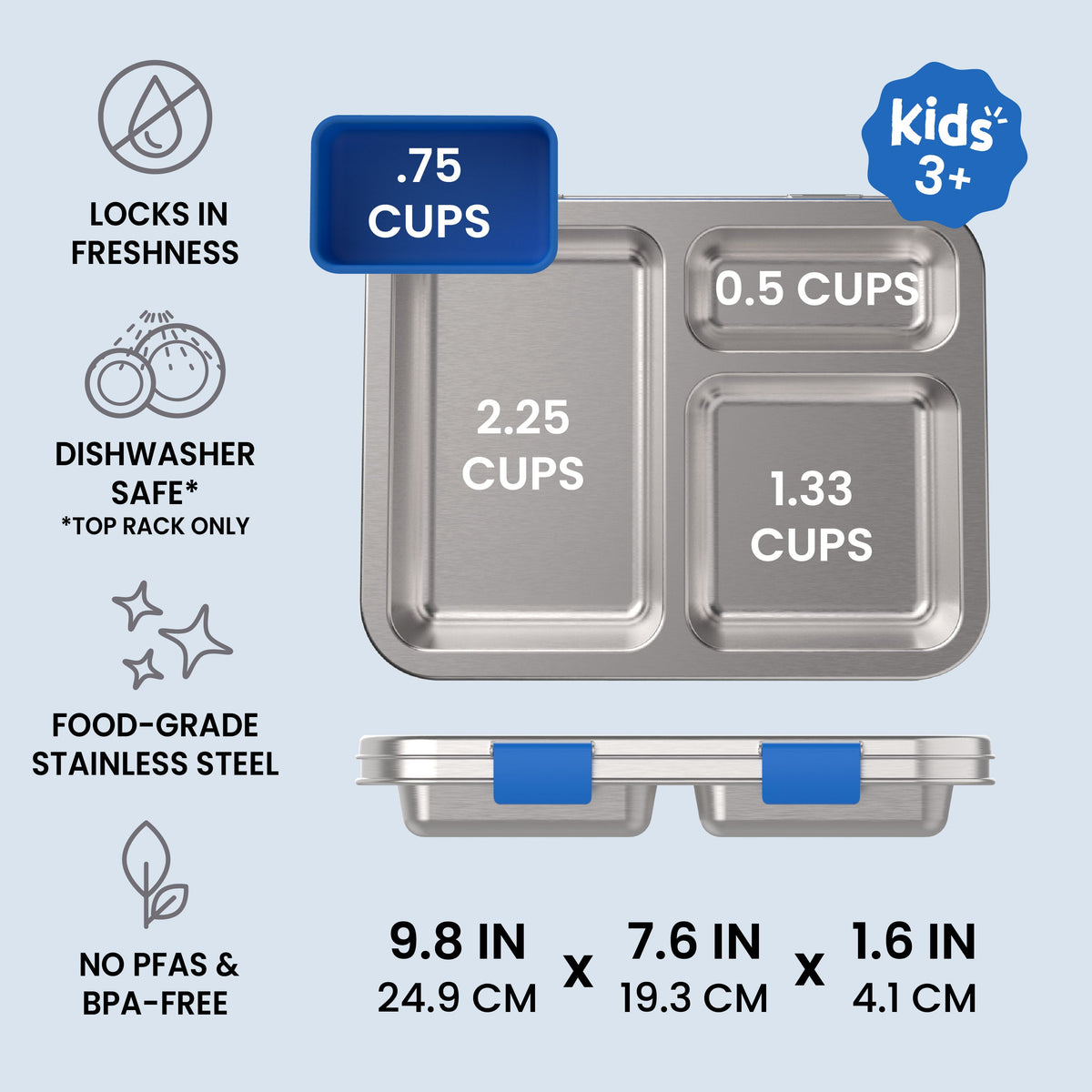Bentgo Kids Stainless Steel Lunch Box - Blue | Locks In Freshness, Dishwasher Safe (Top Rack Only), Food-Grade Stainless Steel, And No PFAS & BPA-Free