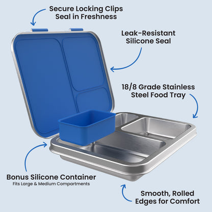 Bentgo Kids Stainless Steel Lunch Box - Blue | Secure Locking Clips Seal In Freshness, Leak-Resistant Silicone Seal, 18/8 Grade Stainless Steel Food Tray, Bonus Silicone Container - Fits Large & Medium Compartments, And Smooth, Rolled Edges For Comfort