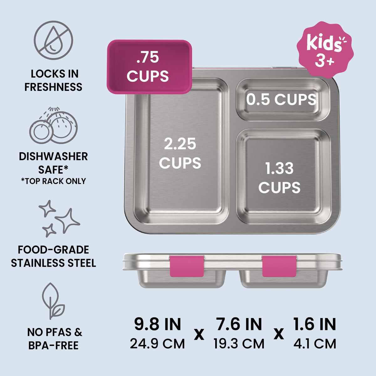 Bentgo Kids Stainless Steel Lunch Box - Fuchsia | Locks In Freshness, Dishwasher Safe (Top Rack Only), Food-Grade Stainless Steel, And No PFAS & BPA-Free