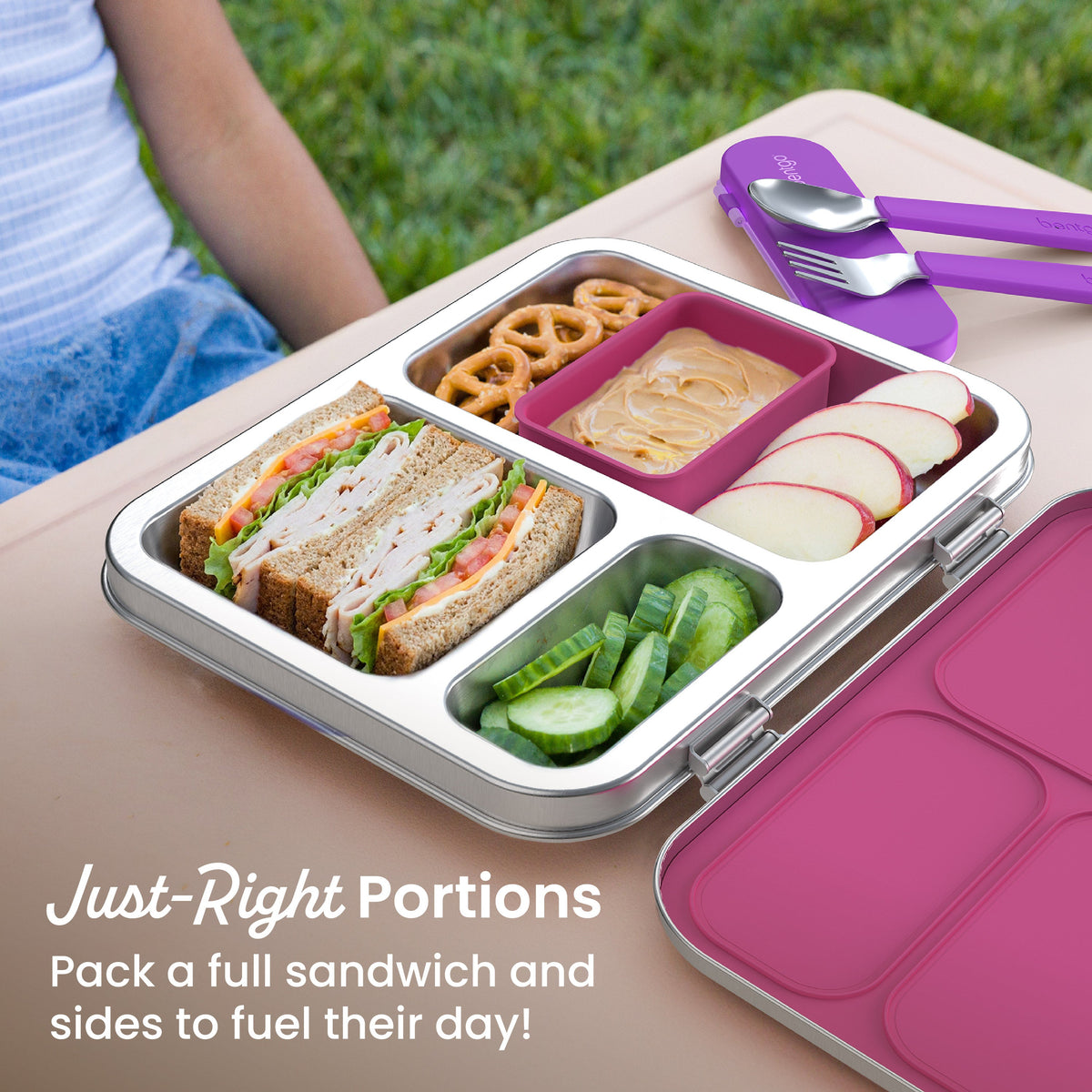Bentgo Kids Stainless Steel Lunch Box (2-Pack) - Fuchsia | Just-Right Portions - Pack A Full Sandwich And Sides To Fuel Their Day!
