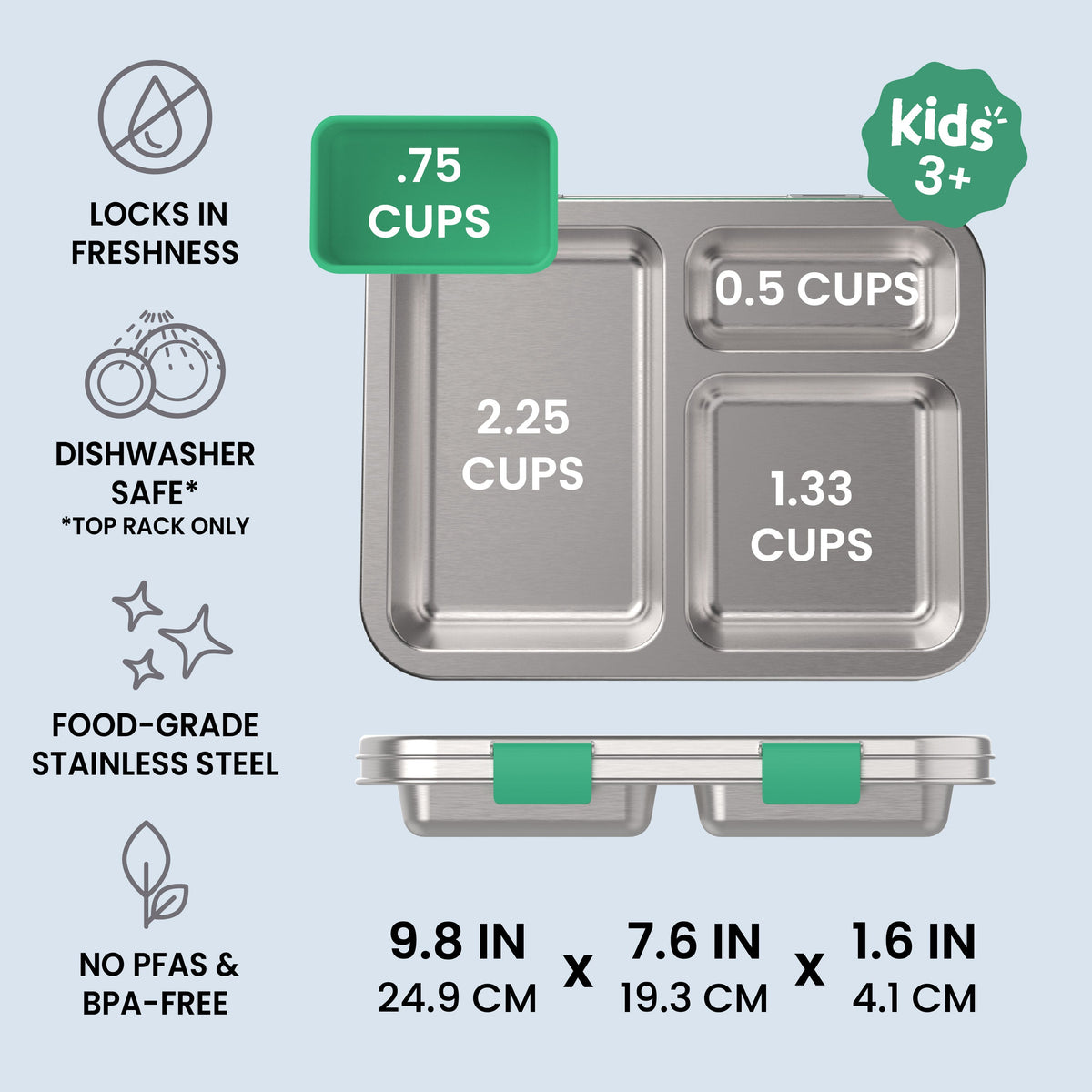 Bentgo Kids Stainless Steel Lunch Box - Green | Locks In Freshness, Dishwasher Safe (Top Rack Only), Food-Grade Stainless Steel, And No PFAS & BPA-Free