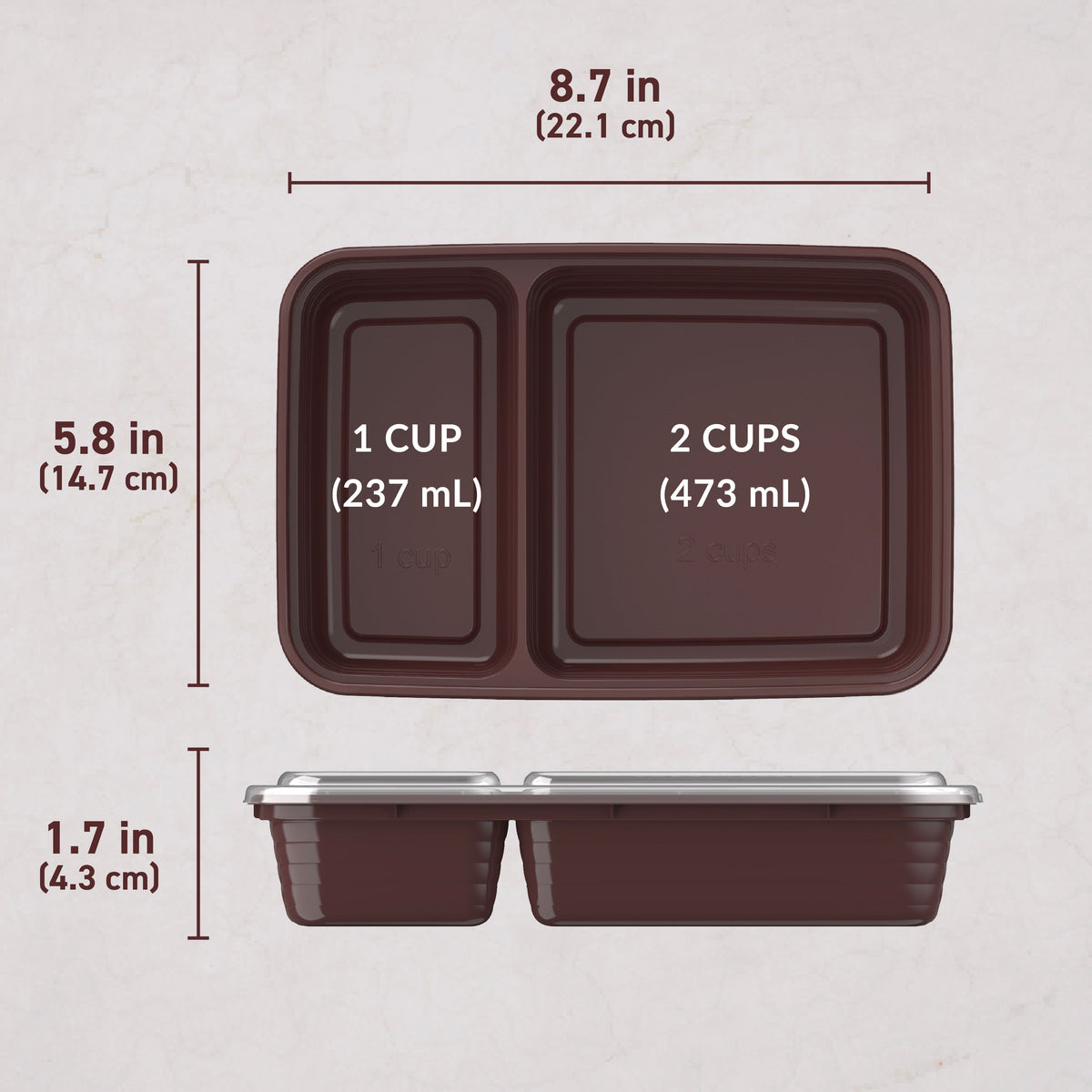 Bentgo® Prep 2-Compartment Meal Prep Containers (20-Piece) - Burgundy | Dimensions
