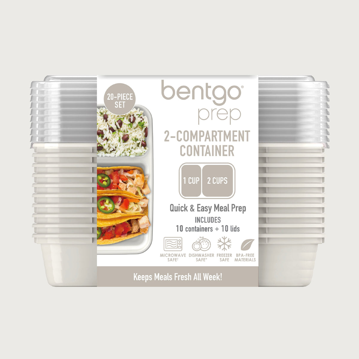 Bentgo® Prep 2-Compartment Meal Prep Containers (20-Piece) - Whisper Gray | Packaging