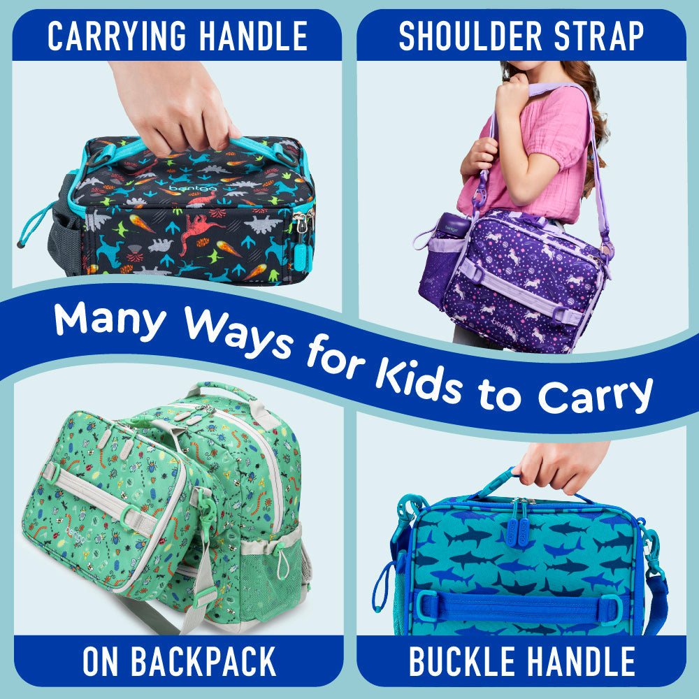 Bentgo® Kids Prints Lunch Bag - Sharks | Many Ways For Kids To Carry - Carrying Handle, Shoulder Strap, On Backpack, And Buckle Handle
