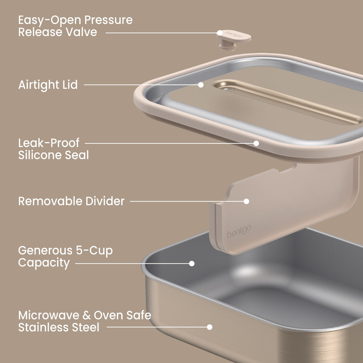 Bentgo® MicroSteel Lunch Box - Gold | Easy-Open Pressure Release Valve, Airtight Lid, Leak-Proof Silicone Seal, Removable Divider, Generous 5-Cup Capacity, And Microwave & Oven Safe Stainless Steel