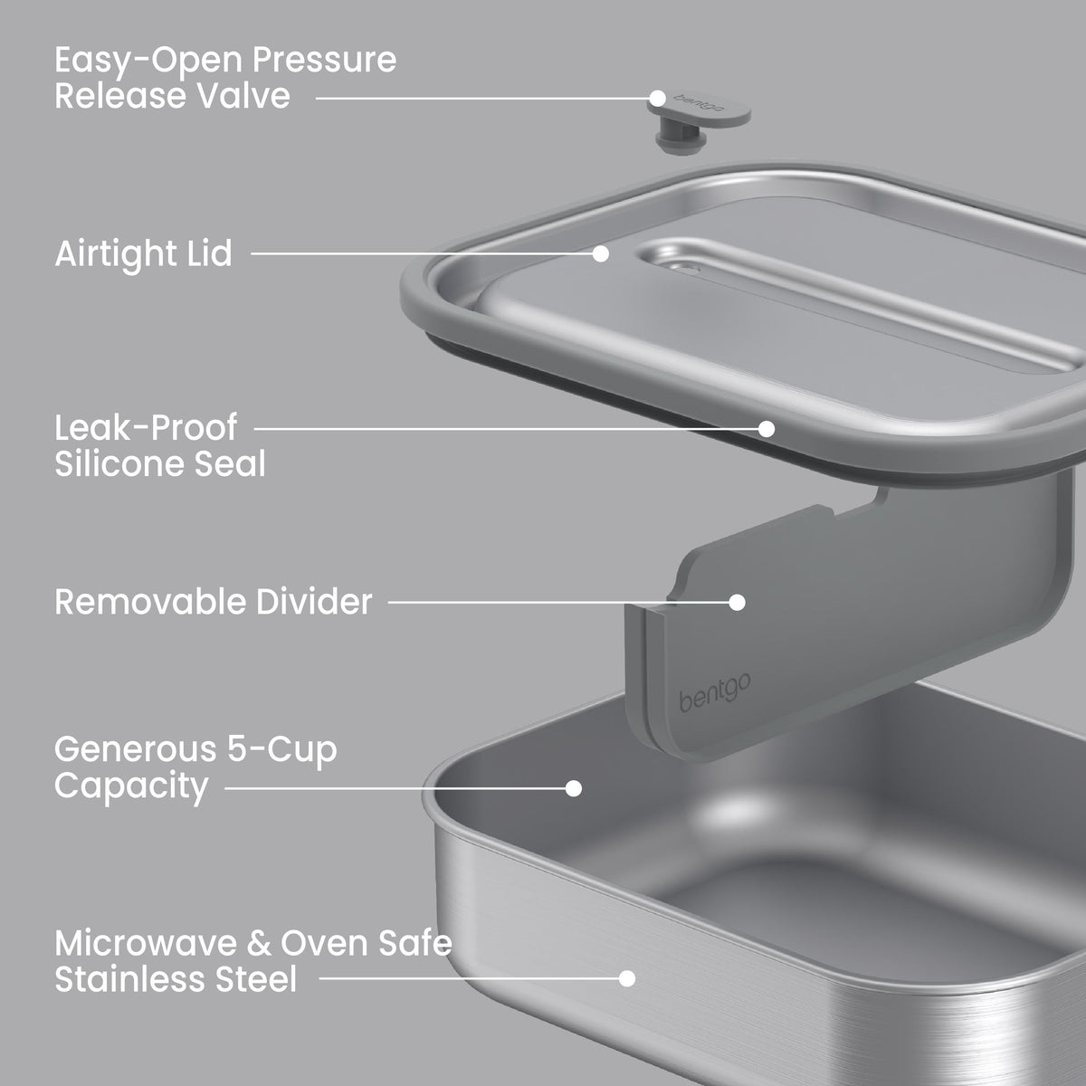 Bentgo® MicroSteel Lunch Box - Stainless Steel | Easy-Open Pressure Release Valve, Airtight Lid, Leak-Proof Silicone Seal, Removable Divider, Generous 5-Cup Capacity, And Microwave & Oven Safe Stainless Steel